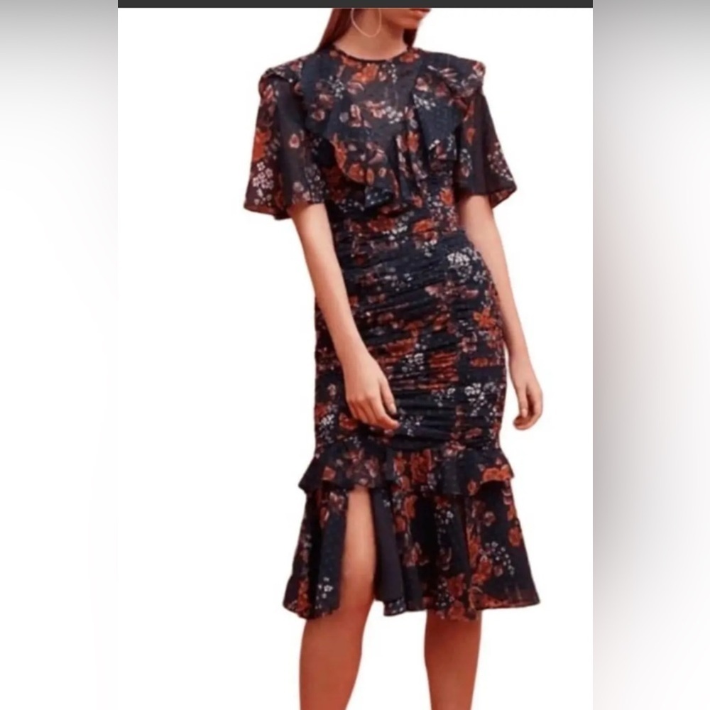 KEEPSAKE L Need you now Blue rushed body woman floral polyester midi dress boho